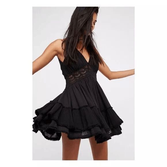 Free People Dress Womens Large Black 200 Degree Raw Edge Lace NWT Boho Summer #J - Picture 1 of 15